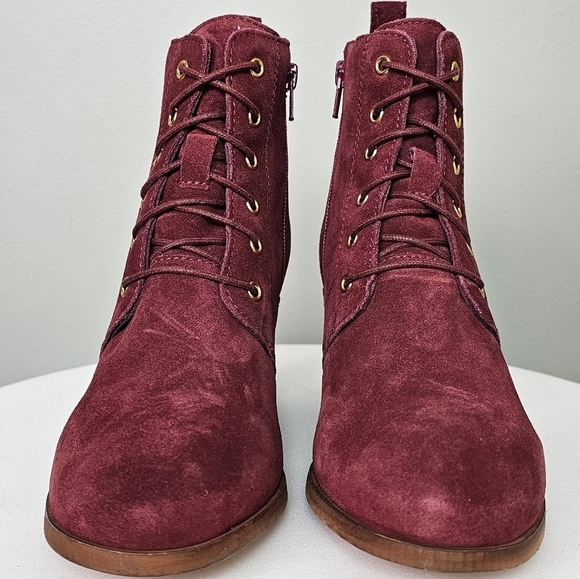 Diba Blake Suede Ankle Bootie Wedge Heel Lace Up Round Toe Burgundy Womens - Picture 4 of 15